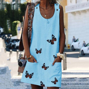 O Neck Sleeveless Shoulder Clasp Butterfly Print Dress - Easy Pickins Store