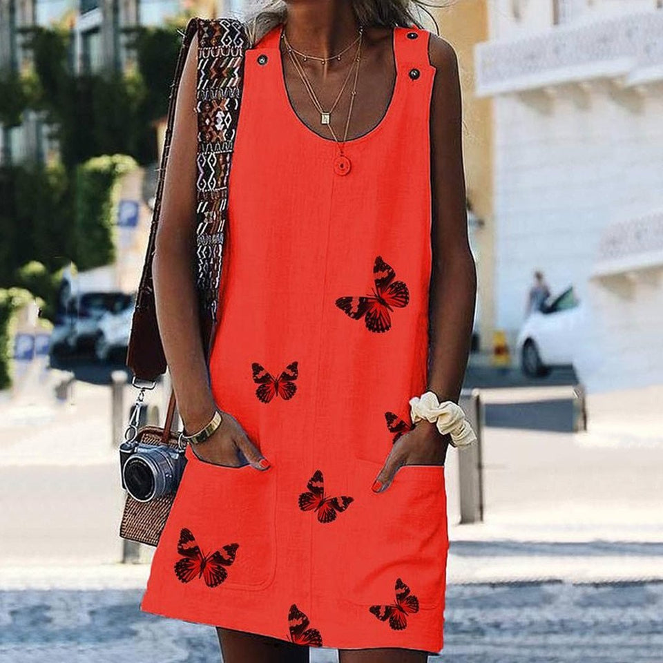 O Neck Sleeveless Shoulder Clasp Butterfly Print Dress - Easy Pickins Store