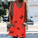 O Neck Sleeveless Shoulder Clasp Butterfly Print Dress - Easy Pickins Store