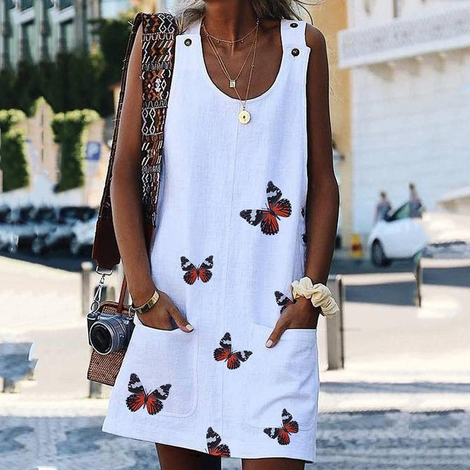 O Neck Sleeveless Shoulder Clasp Butterfly Print Dress - Easy Pickins Store