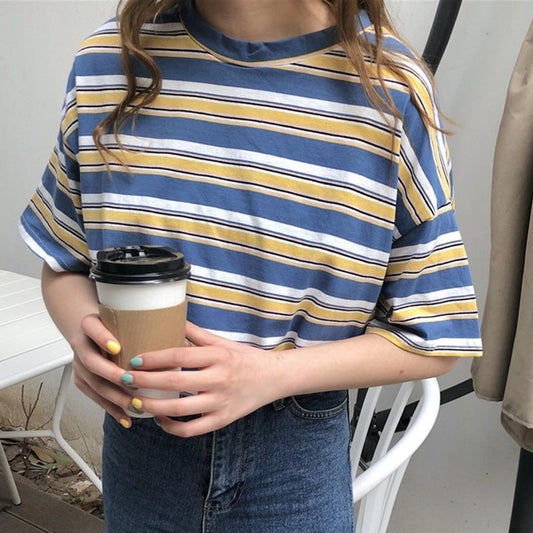 O neck T-Shirt Striped Loose Casual Short Sleeve Punk - Easy Pickins Store