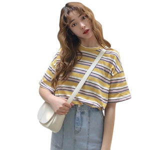 O neck T-Shirt Striped Loose Casual Short Sleeve Punk - Easy Pickins Store