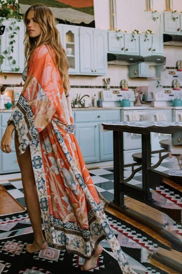 Orange Print Floral Kimono Loose Long One Size Cardigan - Easy Pickins Store