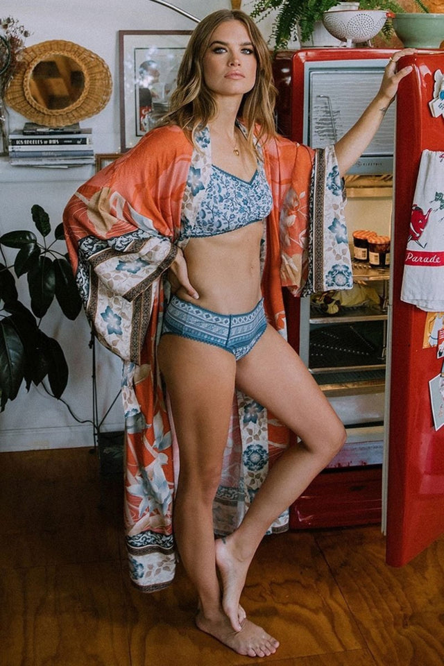 Orange Print Floral Kimono Loose Long One Size Cardigan - Easy Pickins Store