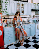 Orange Print Floral Kimono Loose Long One Size Cardigan - Easy Pickins Store