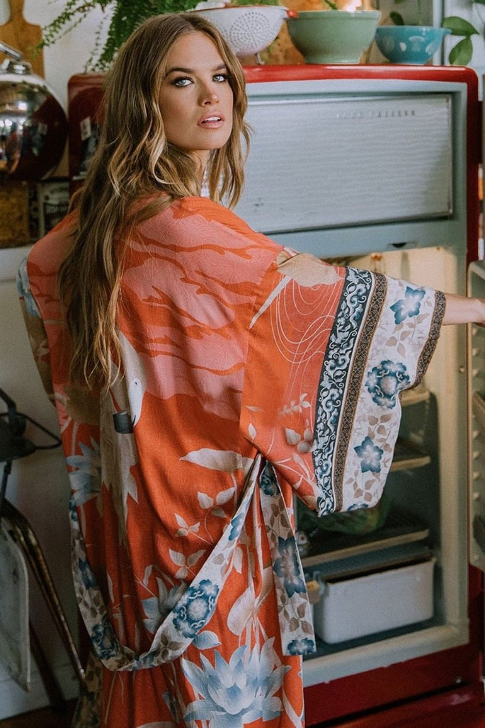 Orange Print Floral Kimono Loose Long One Size Cardigan - Easy Pickins Store