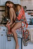 Orange Print Floral Kimono Loose Long One Size Cardigan - Easy Pickins Store