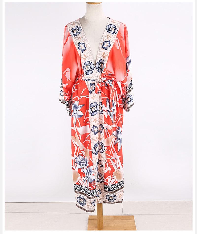 Orange Print Floral Kimono Loose Long One Size Cardigan - Easy Pickins Store