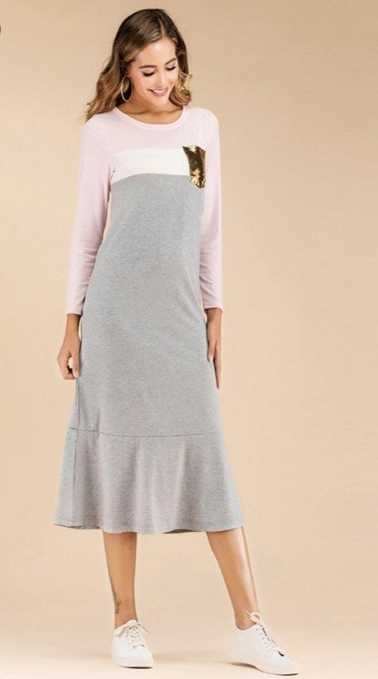 Patchwork Sequin Pocket Loose Long Dress - Easy Pickins Store