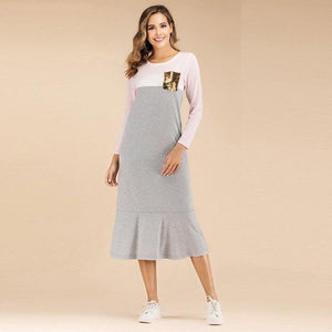 Patchwork Sequin Pocket Loose Long Dress - Easy Pickins Store