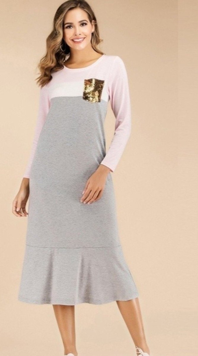 Patchwork Sequin Pocket Loose Long Dress - Easy Pickins Store