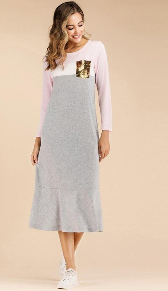 Patchwork Sequin Pocket Loose Long Dress - Easy Pickins Store