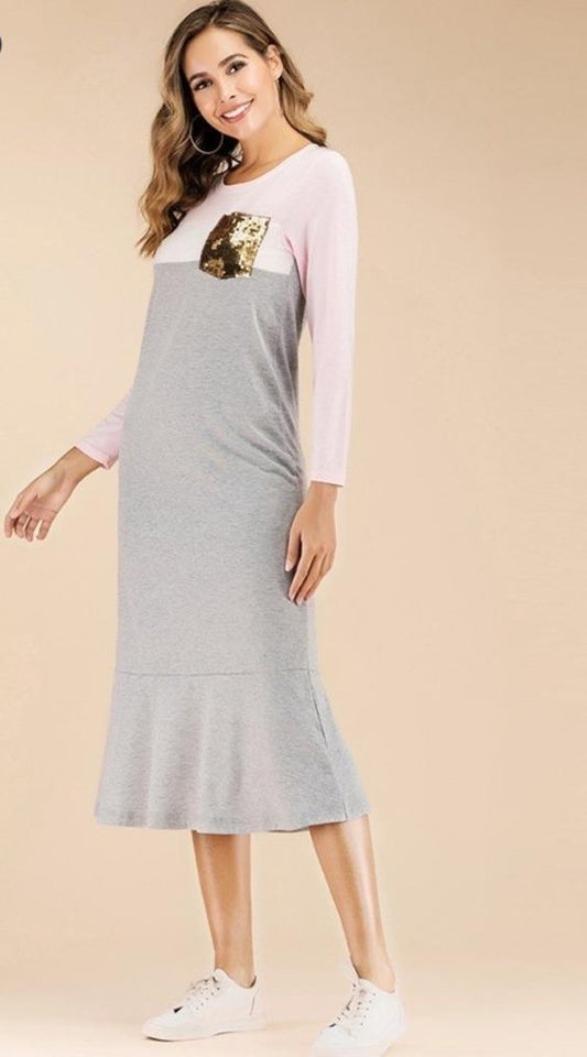 Patchwork Sequin Pocket Loose Long Dress - Easy Pickins Store