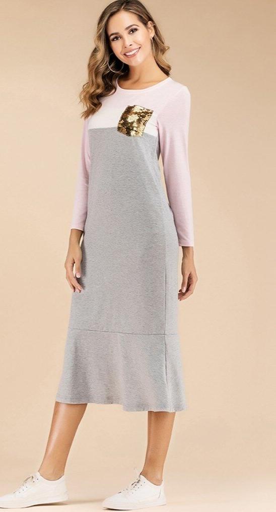 Patchwork Sequin Pocket Loose Long Dress - Easy Pickins Store