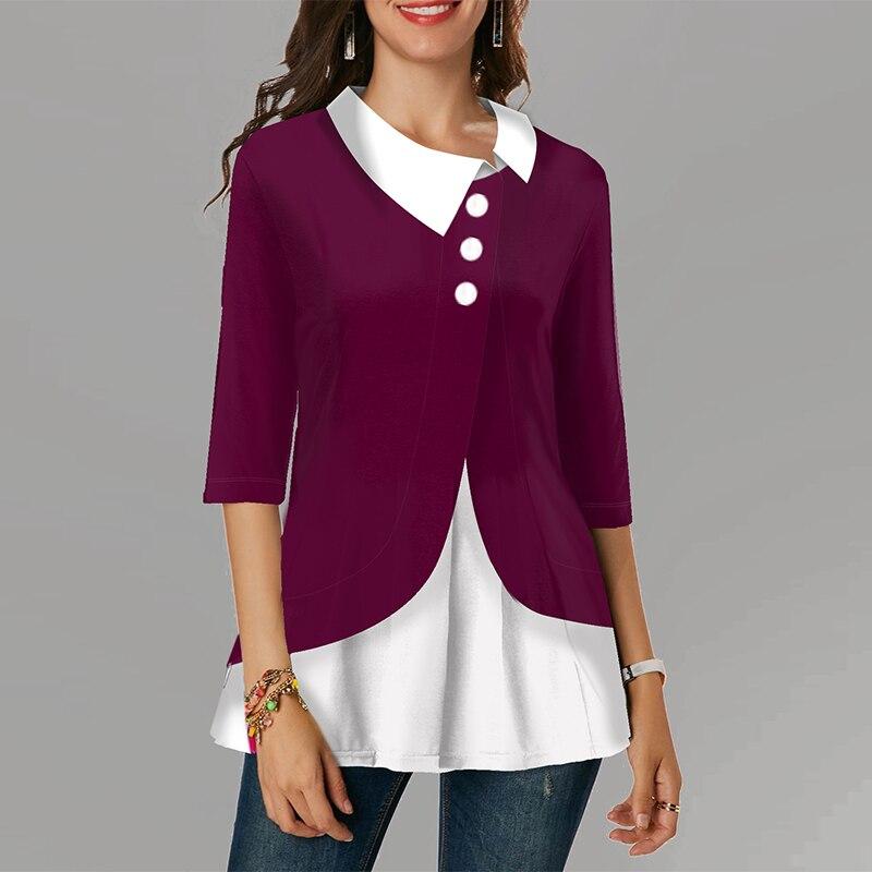 Patchwork Tunic Turn Down Collar Three Quarter Cotton - Easy Pickins Store