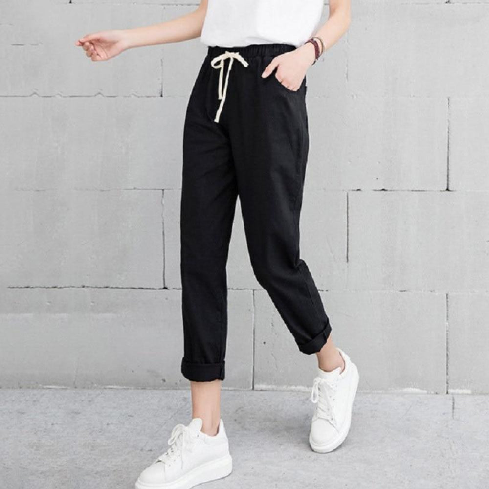 Pencil Ankle Length Solid Elastic Waist Cotton Linen Pants - Easy Pickins Store