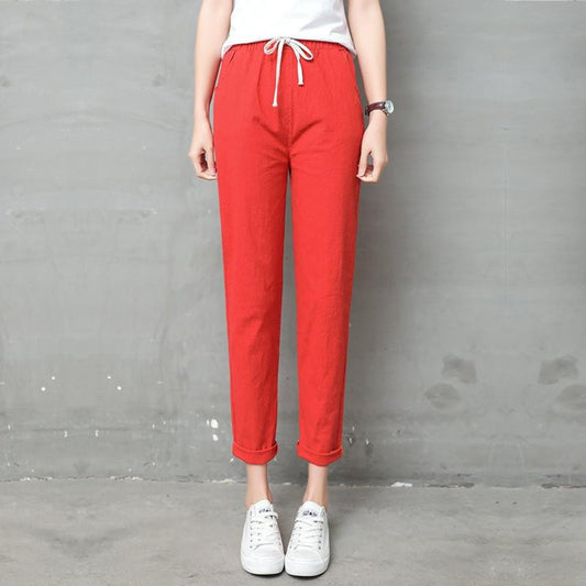 Pencil Ankle Length Solid Elastic Waist Cotton Linen Pants - Easy Pickins Store