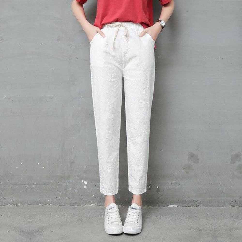 Pencil Ankle Length Solid Elastic Waist Cotton Linen Pants - Easy Pickins Store