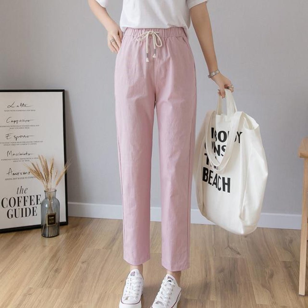 Pencil Ankle Length Solid Elastic Waist Cotton Linen Pants - Easy Pickins Store