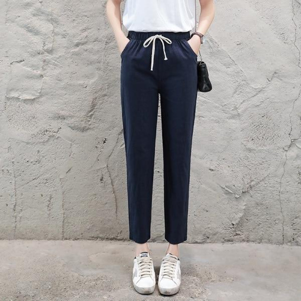 Pencil Ankle Length Solid Elastic Waist Cotton Linen Pants - Easy Pickins Store