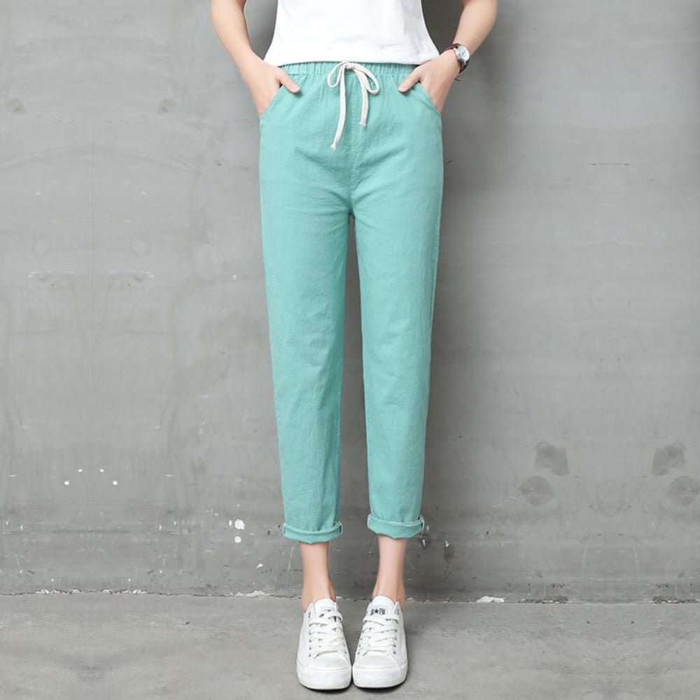 Pencil Ankle Length Solid Elastic Waist Cotton Linen Pants - Easy Pickins Store
