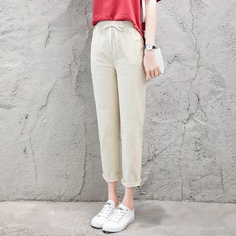 Pencil Ankle Length Solid Elastic Waist Cotton Linen Pants - Easy Pickins Store