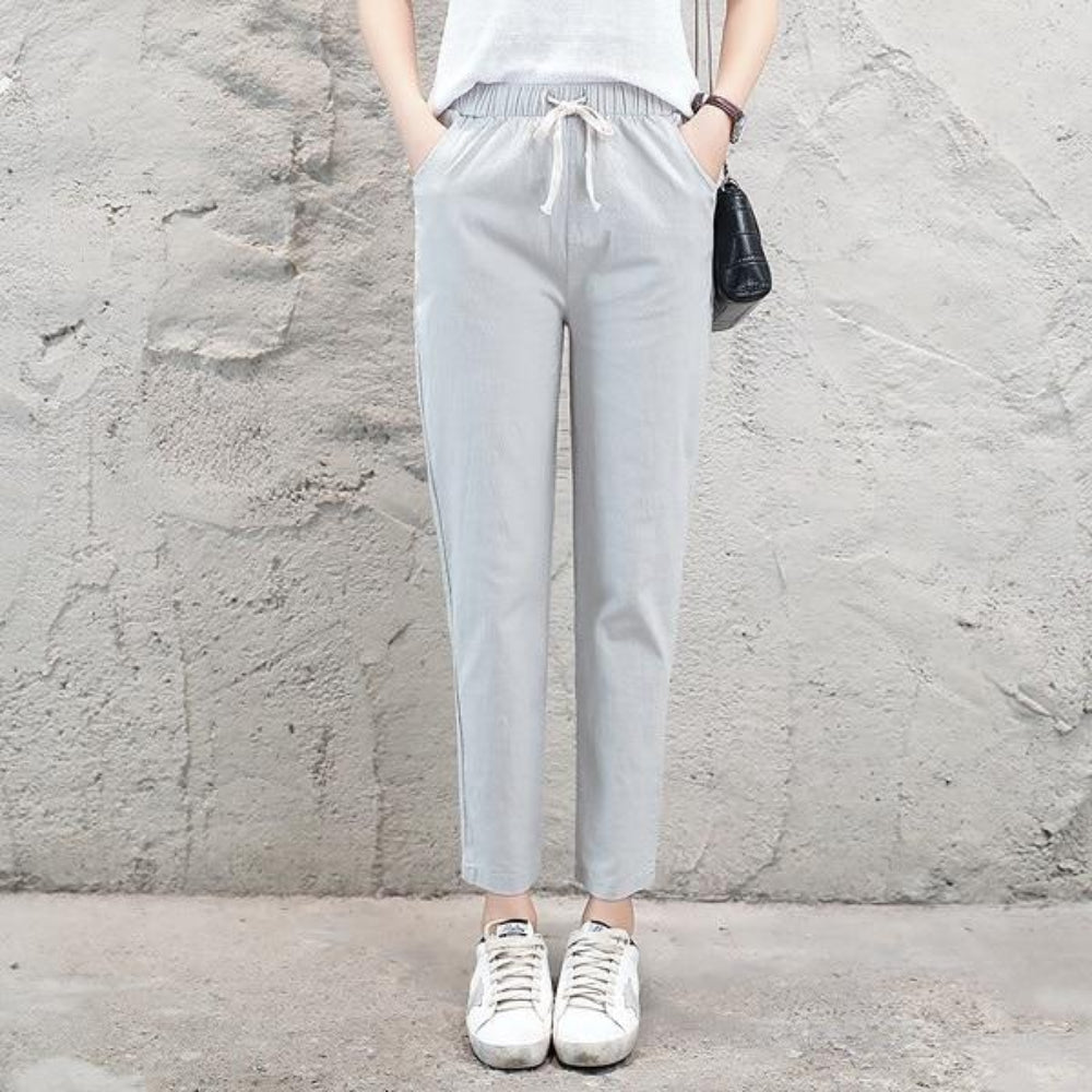 Pencil Ankle Length Solid Elastic Waist Cotton Linen Pants - Easy Pickins Store