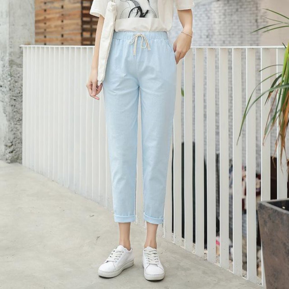 Pencil Ankle Length Solid Elastic Waist Cotton Linen Pants - Easy Pickins Store