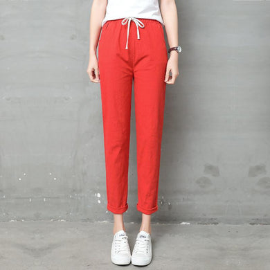 Pencil Ankle Length Solid Elastic Waist Cotton Linen Pants - Easy Pickins Store