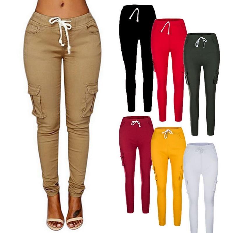 Pencil Lace Up Waist Multi Pockets Cargo Slim Fit Pants - Easy Pickins Store