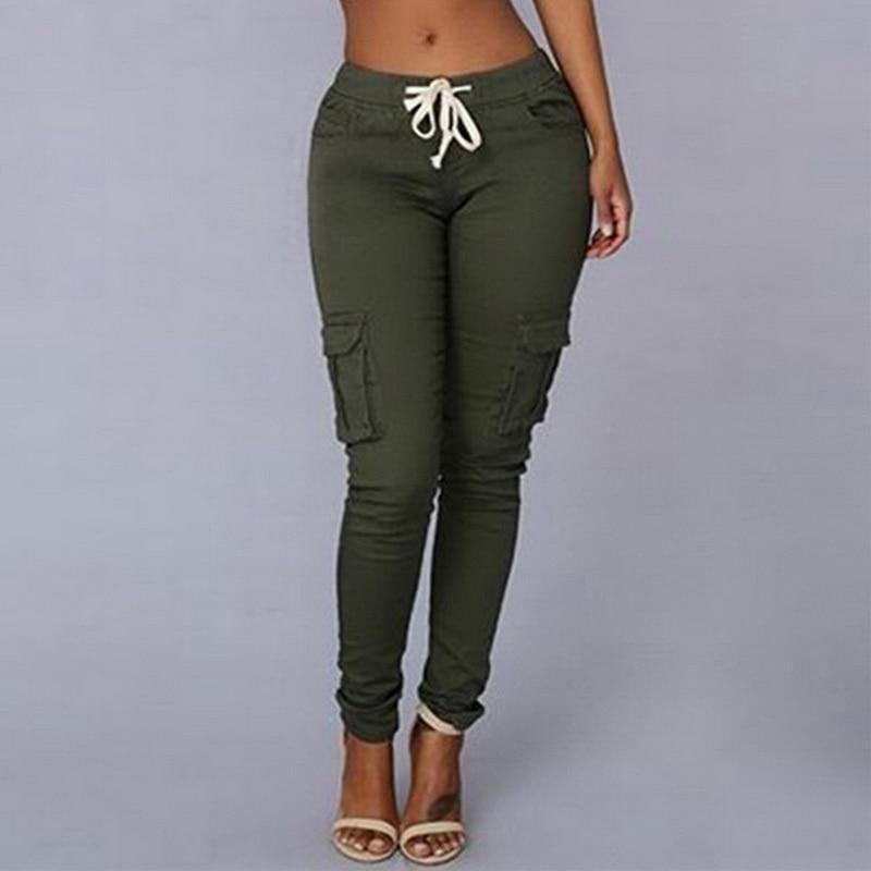 Pencil Lace Up Waist Multi Pockets Cargo Slim Fit Pants - Easy Pickins Store