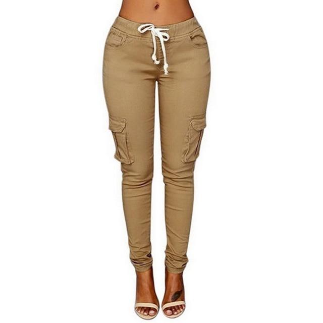 Pencil Lace Up Waist Multi Pockets Cargo Slim Fit Pants - Easy Pickins Store