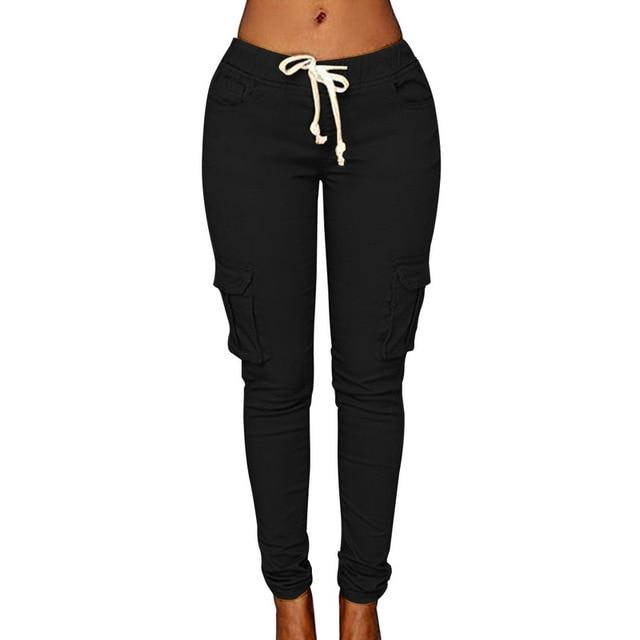 Pencil Lace Up Waist Multi Pockets Cargo Slim Fit Pants - Easy Pickins Store