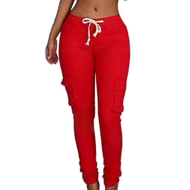 Pencil Lace Up Waist Multi Pockets Cargo Slim Fit Pants - Easy Pickins Store
