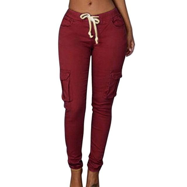 Pencil Lace Up Waist Multi Pockets Cargo Slim Fit Pants - Easy Pickins Store