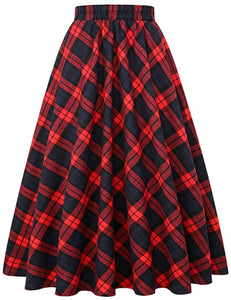 Plaid Skirt Elastic Waist A-line Midi Pleated Skirt - Easy Pickins Store