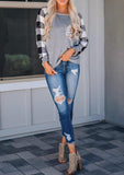 Plaid Splicing Sequined Pocket Gray Long Sleeve Pullover Sweatshirt - Easy Pickins Store