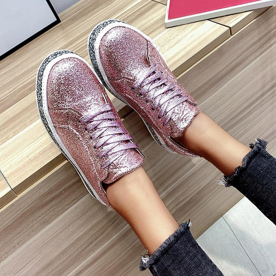 Platform Fashion Glitter Sequin Lace Up Chunky Bottom Slip On Trendy Leather Low Top Canvas Sneakers - Easy Pickins Store