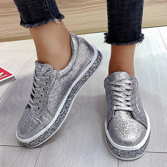 Platform Glitter Sequin Lace Up Bottom Slip On Trendy Leather Sneakers - Easy Pickins Store