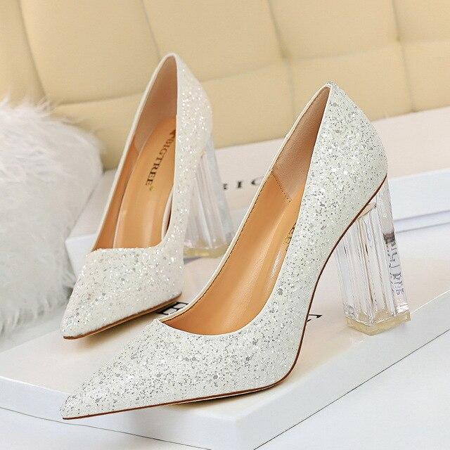 Pointed Toe Pumps Transparent Crystal Glitter High Heels - Easy Pickins Store