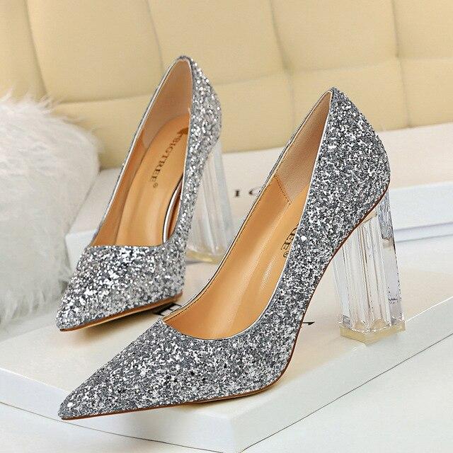 Pointed Toe Pumps Transparent Crystal Glitter High Heels - Easy Pickins Store