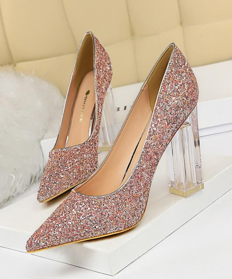 Pointed Toe Pumps Transparent Crystal High Heels Glitter - Easy Pickins Store