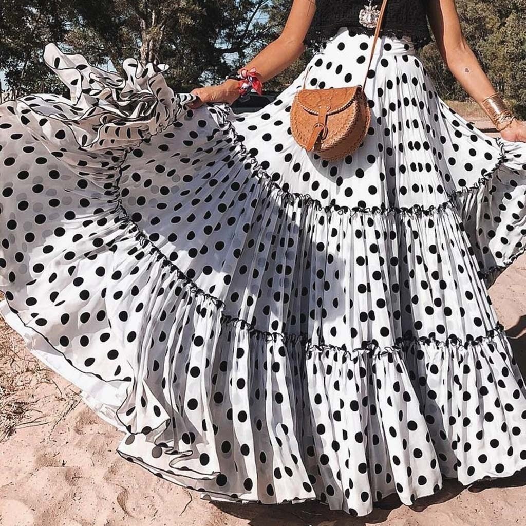 Polka Dot Maxi Skirt Layered High Waist Pleated - Easy Pickins Store