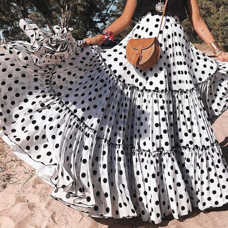 Polka Dot Maxi Skirt Layered High Waist Pleated - Easy Pickins Store