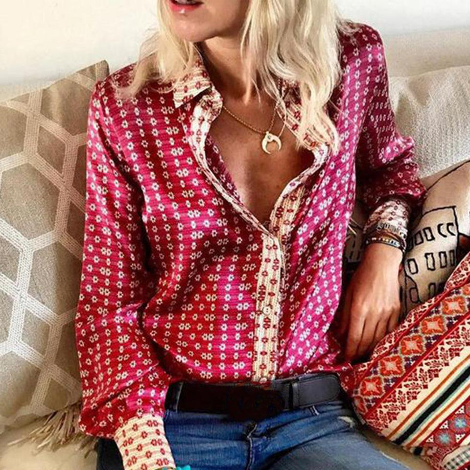 Print Blouse V Neck Button Long Sleeve - Easy Pickins Store