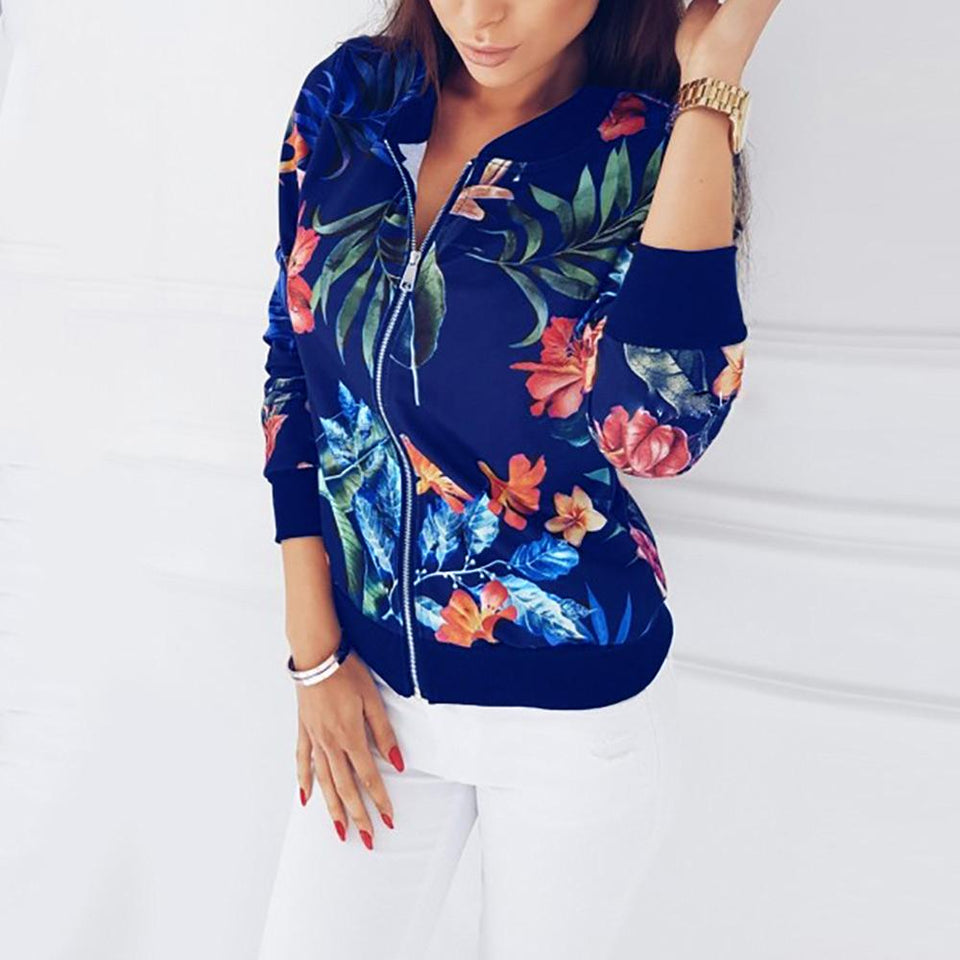 Printed Bomber Pockets Zipper Long Sleeve Flower Chiffon Jacket Plus Sizes - Easy Pickins Store