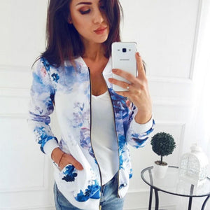 Printed Bomber Pockets Zipper Long Sleeve Flower Chiffon Jacket Plus Sizes - Easy Pickins Store