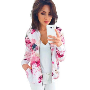 Printed Bomber Pockets Zipper Long Sleeve Flower Chiffon Jacket Plus Sizes - Easy Pickins Store