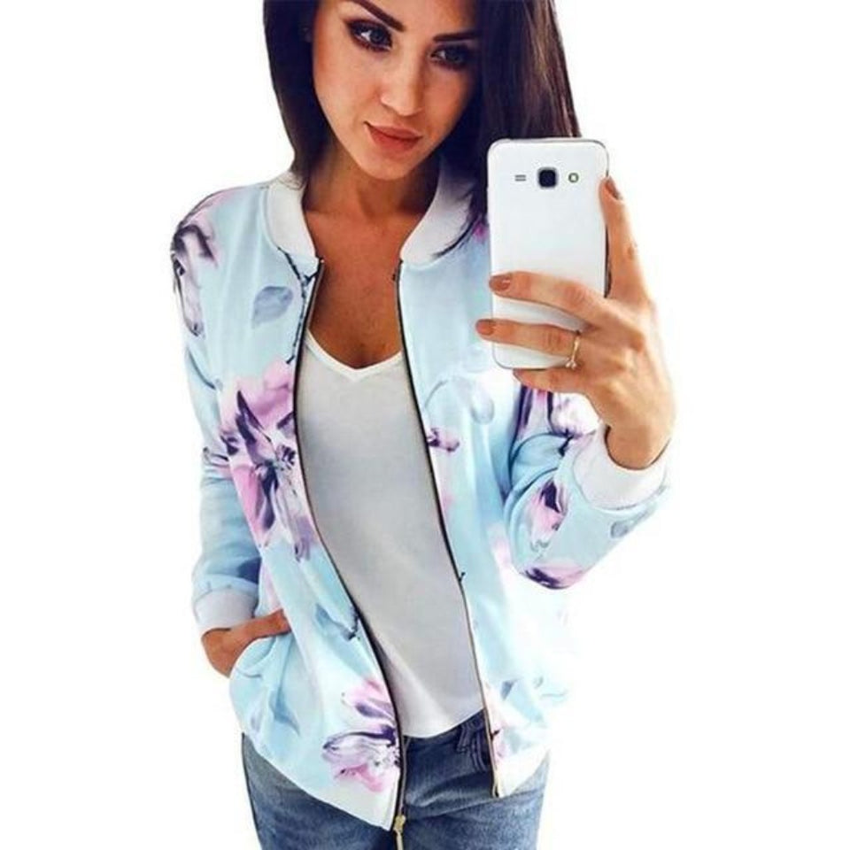 Printed Bomber Pockets Zipper Long Sleeve Flower Chiffon Jacket Plus Sizes - Easy Pickins Store