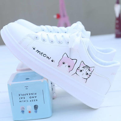 Printed Pu Shoes Cute Cat Lace up Sneakers - Easy Pickins Store